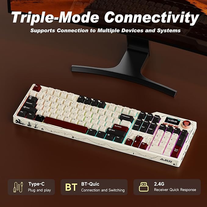 Ajazz AK35I V4 Customizable Wireless Gaming Mechanical Keyboard Wired/Wireless 2.4G/BT Gasket Structure 10000mAh Battery Full-Color RGB 1.14-inch Color Screen Knob Multi-Function Keys.