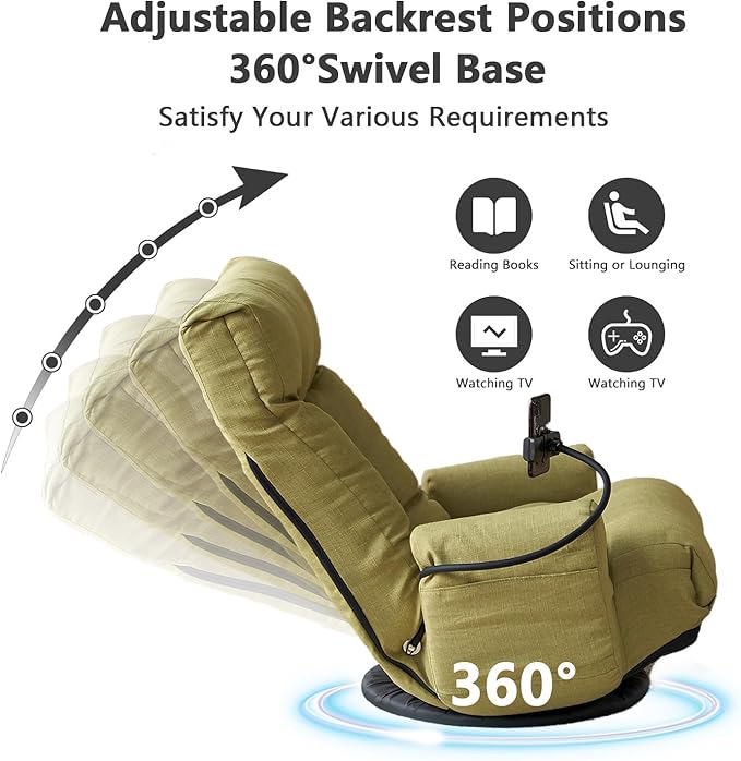 360-Degree Swivel Floor Chair with 5-Position Folding Design Adjustable Headrest Waist Support Armrests and Phone Holder for Living Room (Green+Fine Linen)