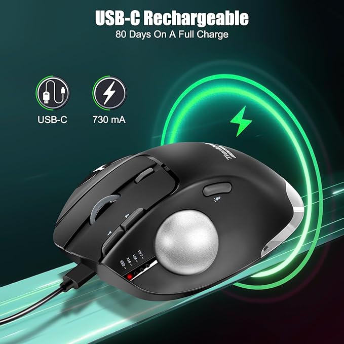 TRELC Wireless Trackball Mouse Ergonomic Rollerball Mouse with 4800 DPI/7 Programmable Buttons Thumb Control Mice Rechargeable Optical Mouse for 3 Devices for Windows PC Laptop Tablet (Black)