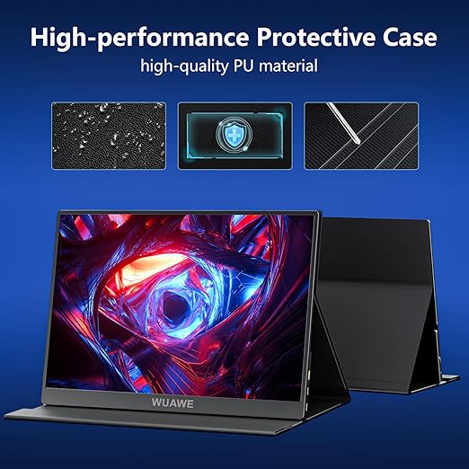 WUAWE 15.6 Inch Portable Monitor with Cover Stand 1080P FHD 60Hz External Second Computer Monitor with Speaker HDMI USB-C for PC Mac Phone PS5 Switch Xbox PS4/5.