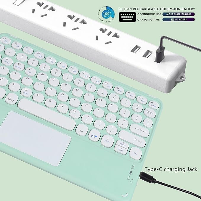 Wireless Bluetooth Keyboard10 inch Portable Rechargeable Keyboard with Touchpad Ultrathin BluetoothKeyboard for iOS/Android/Windows Tablet Computer and Phone Universal(Green)
