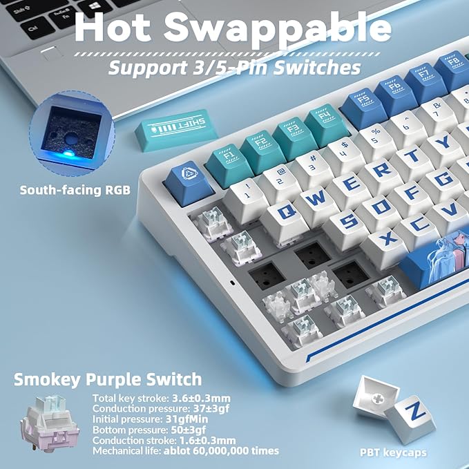 LINGBAO K75 Wireless Mechanical Keyboard 75% Anime Gaming Keyboard with 10000mAh Battery Hot-Swappable Pre-Lubed Switches RGB Backlit PBT Keycaps Creamy Sounding Computer Keyboards for PC/Mac/Win