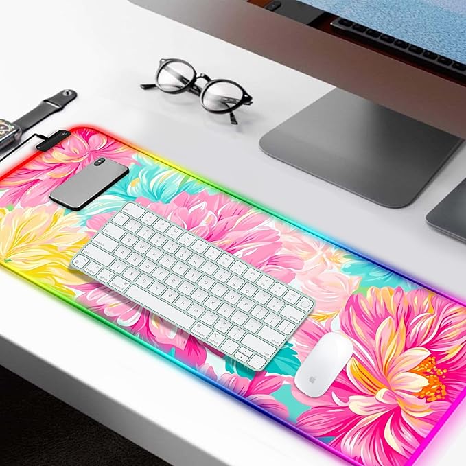 RGB Pink Flower Gaming Desk Mat Computer Keyboard Large Extended Long Floral LED Mouse Pad for Office and Home XL (W29)