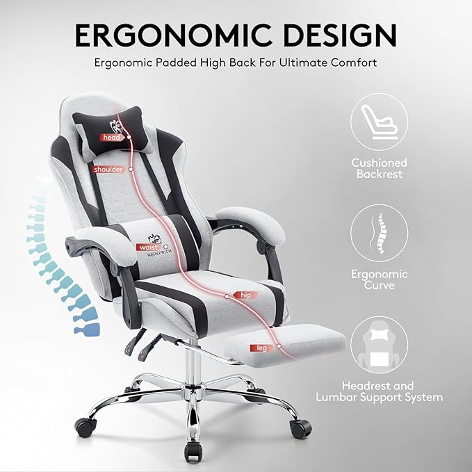 Gaming Chair Breathable FabricComputer Office Chair with FootrestMassage Lumbar Support and Gel PadErgonomic Reclining Adjustable Gamer Chair with Headrest and Spring Cushion Grey Black