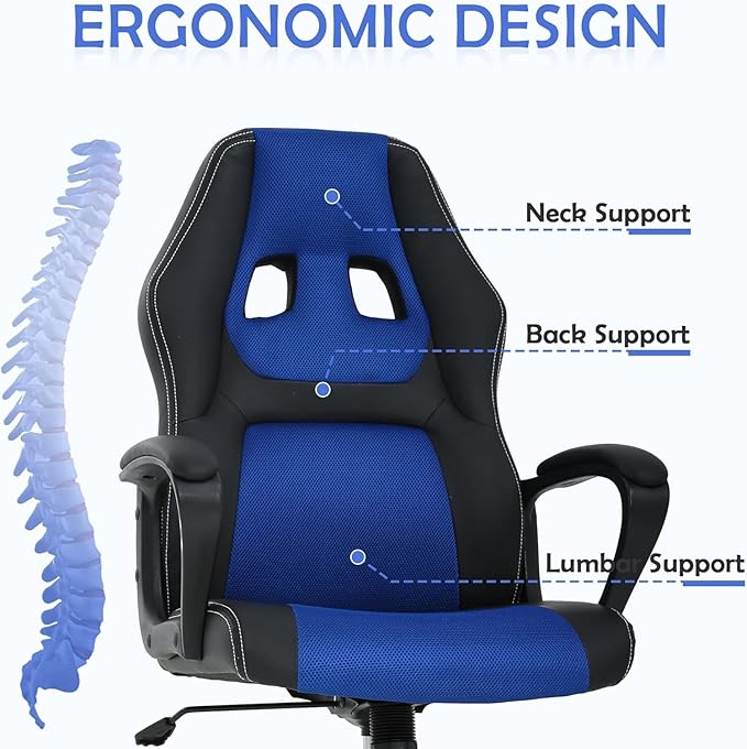 Gaming Chair Office Chair Ergonomic Video Game Chairs Adjustable Reclining Computer Chair with Lumbar Support Armrest Headrest Task Rolling Swivel Chair Game Chair for Adult Teen - Blue