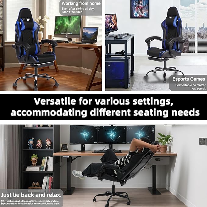 Gaming Chairs with Headrest and Lumbar Support PU Leather Reclining Gaming Chair with Footrest Racing Style Computer Desk Chair Adjustable Height &amp Backrest (Black+Blue)