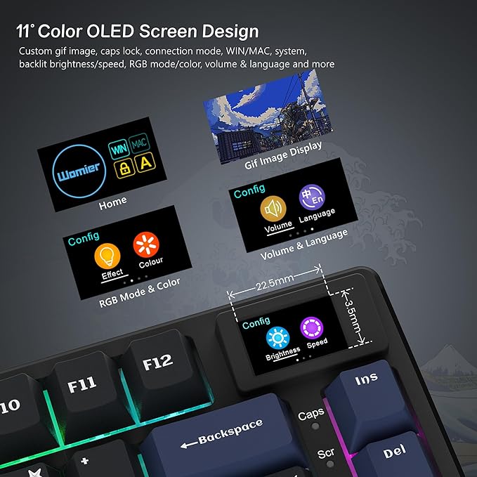Womier SK80 75% Keyboard with Color Multimedia Display Mechanical Gaming Keyboard Creamy Sound Wired Hot Swappable Gasket Mount RGB Custom Key Board Pre-lubed Stabilizer for Mac/Win Black Kanagawa