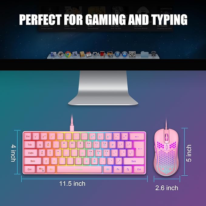 RedThunder 60% Gaming Keyboard and Mouse Combo Ultra-Compact 61 Keys RGB Backlit Mini Keyboard Lightweight 7200 DPI Honeycomb Optical Mouse RGB Wired Gaming Set for PC MAC PS5 Xbox Gamer(Pink)