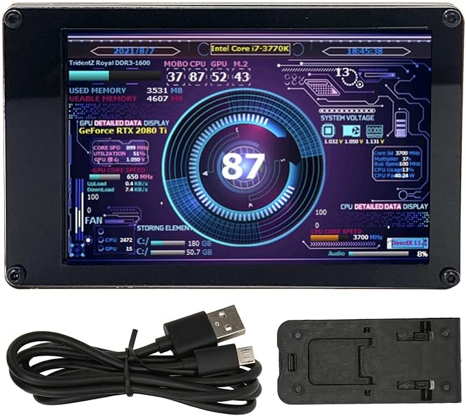 PC CPU HDD Data Monitor 3.5in Computer Temperature Display with Holder Live Readouts GPU Internet Speed Weather Visual Theme Editor USB Computer Temp Monitor for RasPi for
