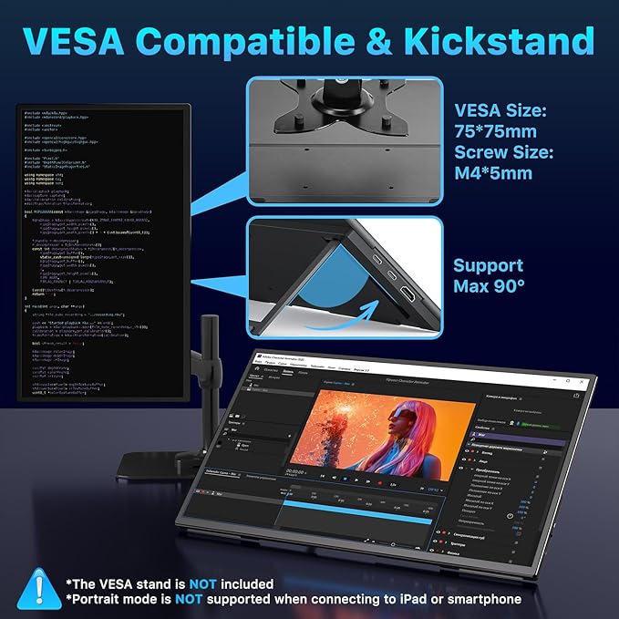 Portable Monitor 21.5 inch FHD 110% sRGB 120Hz IPS HDR HDMI USB-C Travel Monitor for Laptop MacBook PC Surface PS5 Xbox Large External Display with Kickstand &amp Speakers VESA Compatible