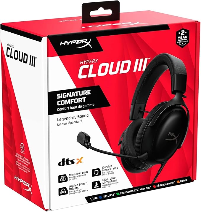 HyperX Cloud III – Wired Gaming Headset PC PS5 Xbox Series X|S Angled 53mm Drivers DTS Spatial Audio Memory Foam Durable Frame Ultra-Clear 10mm Mic USB-C USB-A 3.5mm – Black