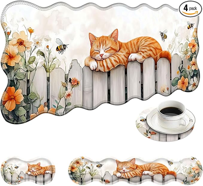 Large Mouse Pad and Keyboard Wrist Rest Desk Pad for Keyboard and Mouse 4-in-1 Large Gaming Mouse Pad with Wrist Support Desk Mat for Home Office Study Game-Sleeping Cat on Fence