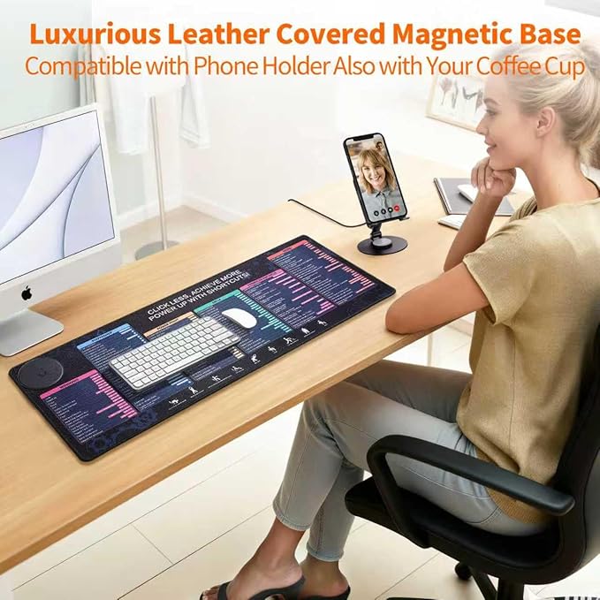 Magnetic Wireless ChargingExcel Cheat Sheet Mouse Pad with Phone Stand Extended Excel Shortcuts Desk Pad Waterproof Ultra-Smooth Keyboard Mat Non-Slip Base (Not Included Adapter 9V 2A)