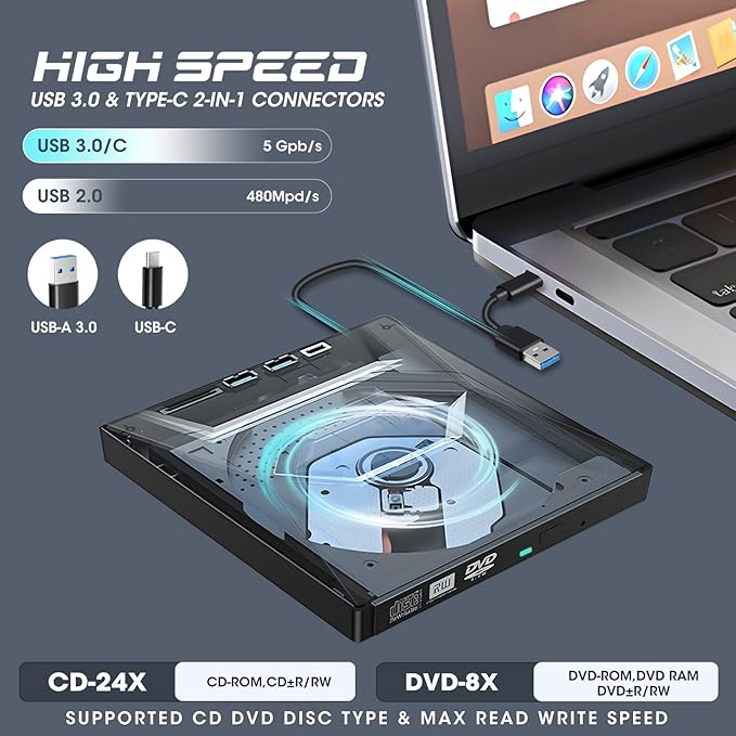 ROOFULL External CD DVD Drive with USB 3.0 Type-C Ports + SD Card Slot + Carrying Case for Laptop PC CD DVD +/-RW Reader Writer Burner Player ROM Optical Disk Drive for Windows Mac Linux Computers