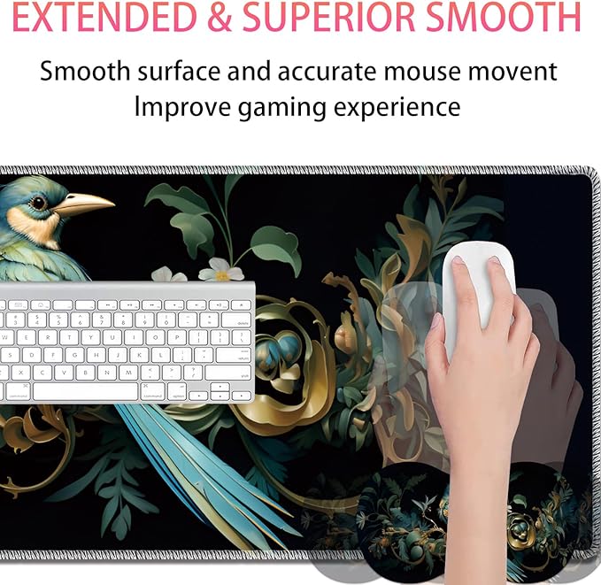 Large Gaming Mouse Pad + Mouse Wrist Rest Pad + Coaster Combination 31.5 x 11.8 Durable Non-Slip Extension Table Mat Suitable for Office and Home Bird Leaf