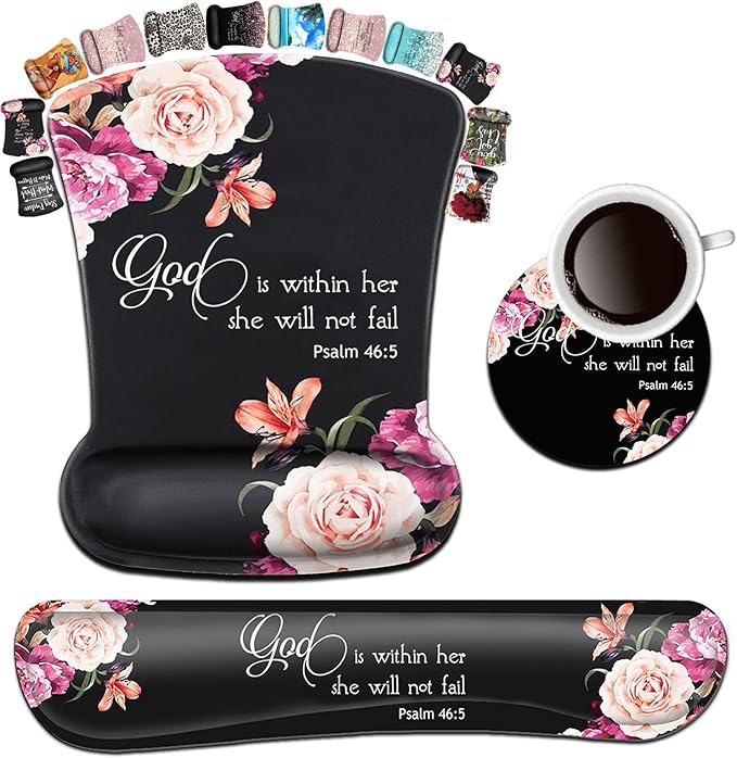 Keyboard Wrist Rest Pad and Ergonomic Mouse Pad Wrist Support Set Psalm 46:5 God is Within Her She Will Not Fall Peony Flower for Gaming  Office Comfortable and Pain Relief with Coaster Set