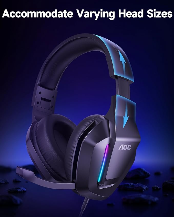 AOC Gaming Headset for PS5 PS4 PC Mac Switch Xbox Series Surround Sound RGB Gaming Headphones with Noise Canceling Microphone 50MM Dynamic Drivers 3.5MM Audio Jack Black