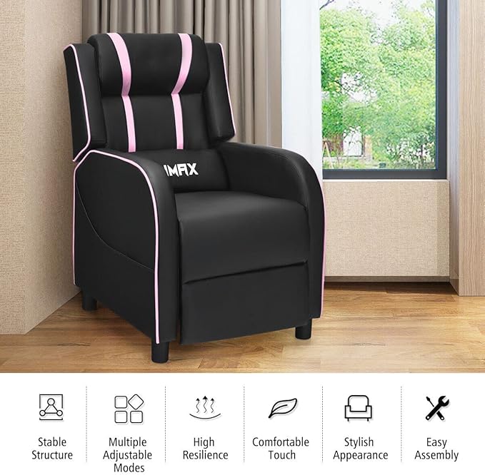 8AM Office Gaming Massage Recliner Sofa Ergonomic PU Leather Gaming Recliner Sofa with Footrest Lumber Support Side Pouch &amp Remote Control for Gaming Living Room Theater (Pink)
