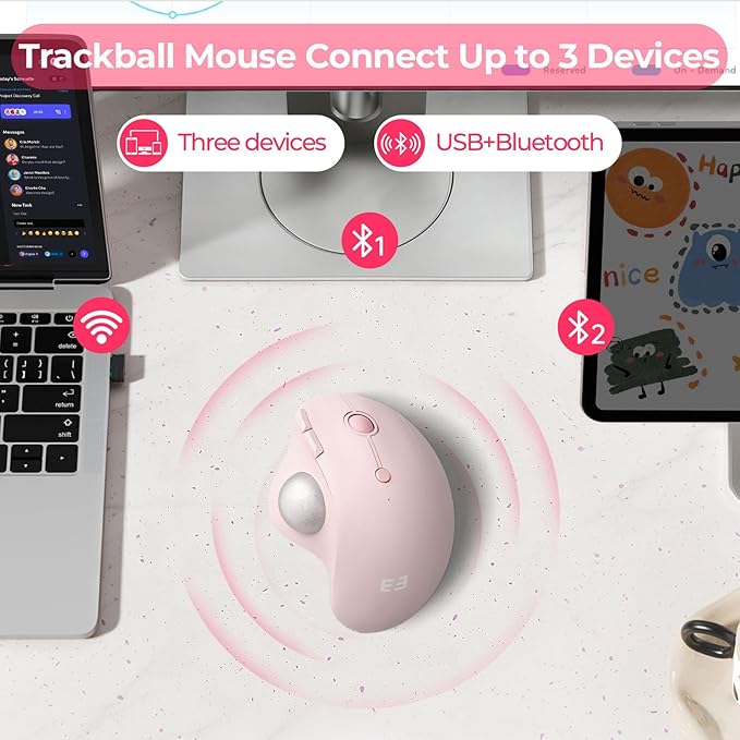seenda Wireless Trackball Mouse Bluetooth - Ergonomic Rollerball Mouse Rechargeable 3 Device Connection Optical Mice Adjustable DPI Thumb Control Mice Compatible for Mac/Android/Windows - Rose Pink