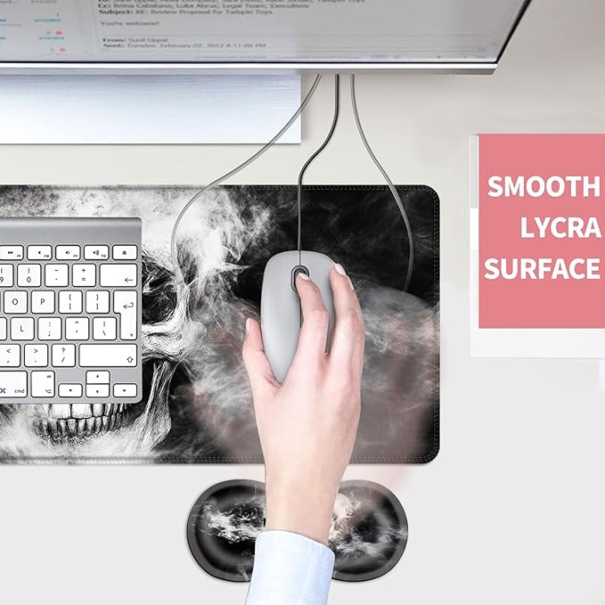 Mouse PadLarge Desk Mat Set 4in1 XL Mousepad + Keyboard Wrist Rest+Mouse Wrist Rest+Coaster with Ergonomic Desk Pad for Home Office Table Computer Cover -Smoky Skull Art