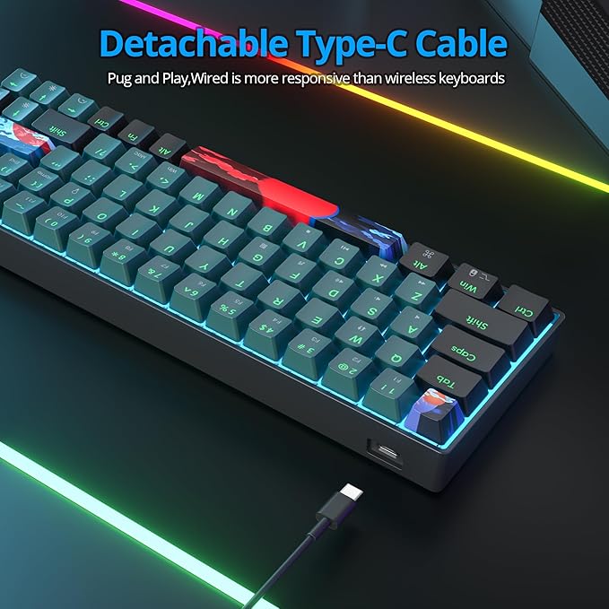 Protable 60% Percent Gaming Keyboard Mechanical Mini Compact Ice-Blue LED Backlit 68 Keys Wired Office Keyboard with Red Switch for Mac/Win/PS4/PS5(68Green/red Switch)