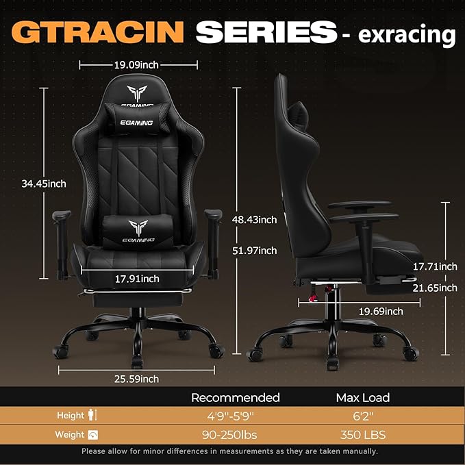 Gaming Chair with Footrest Ergonomic High-Back PU Leather Computer Chair with 3D Adjustable Armrests Headrest and Lumbar Support Office Desk Chair with Diamond Stitching for Adults &amp Teen