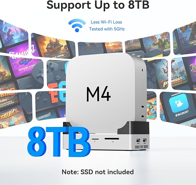 ANYOYO 10Gbps Mac mini M4 Dock and Stand with 8TB NVMe M.2 SSD Enclosure HDMI 4K@60Hz 2× USB-A 3.2（10Gbps） 2× USB-A 2.0 Wi-Fi Signal Friendly Design Aluminum USB-C Hub for Mac mini M4