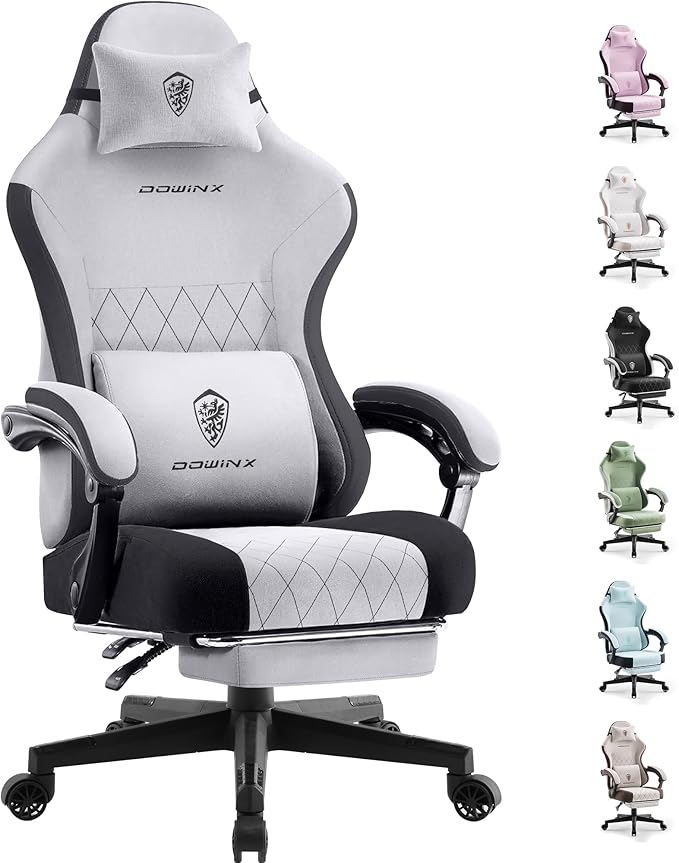 Dowinx Fabric Gaming Chair Ergonomic Computer Chair with Footrest and Pocket Spring Cushion Height Adjustable Video Gamer Chair with Lumbar Support for Adults White Grey