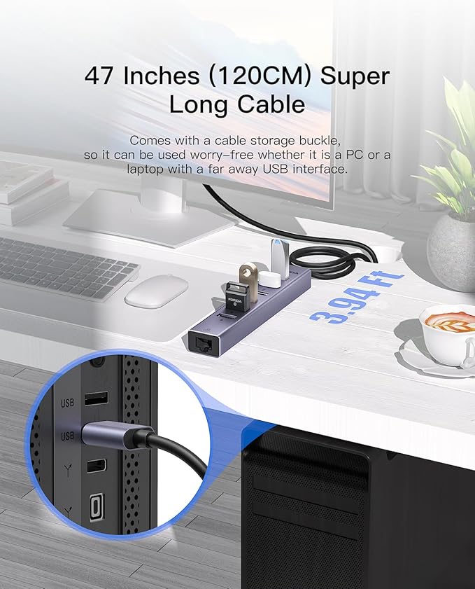 FORIDA Aluminum USB to Ethernet Adapter with 7-Port USB Hub – 3.9ft Long Cable Gigabit Ethernet Port 5V/3A Power Port | USB Extender Compatible with Windows macOS Linux &amp More