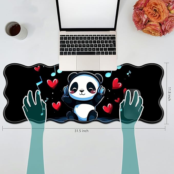 Panda Wearing Headphones Desk Mat Mouse Pad 31.5 x11.8 XL Extended Mousepad Huge Mouse Pads with Stitched Edges Desk Pad for Work Game Office Home