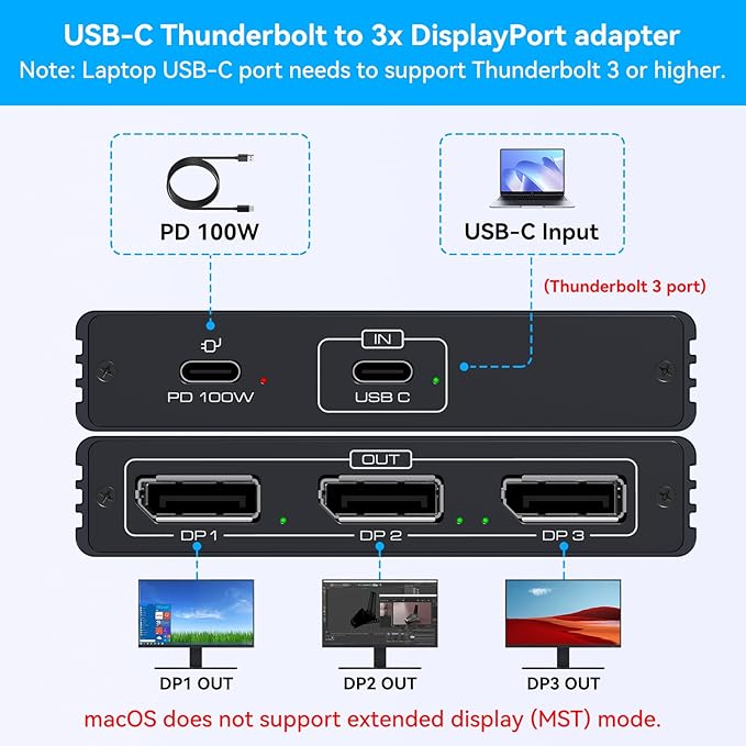 USB C to DisplayPort Splitter 4K@60Hz DisplayPort MST Hub for Triple Monitors with 100W PD Supports Extended Mirror Mode (Mac OS Only Mirror) Compatible with Thunderbolt 3/4/5 Laptops Windows