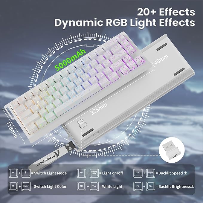 ATTACK SHARK X68PRO HE Rapid Trigger Wireless Keyboard 0.01mm RT Accuracy 8000Hz Wired Gaming Keyboard Adjustable Actuation Snap Tap RGB Backlit Magnetic Switch C01 Coiled Cable -White