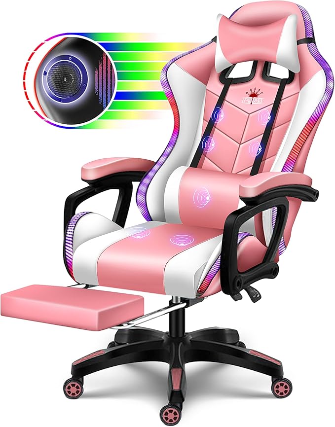 Ergonomic Pro Gaming Chair with LED Lights and Speakers Video Game Chair with Massage and Footrest High Back Computer Chair with Lumbar Support and Headrest Adjustable Height for Adult Teens.Pin