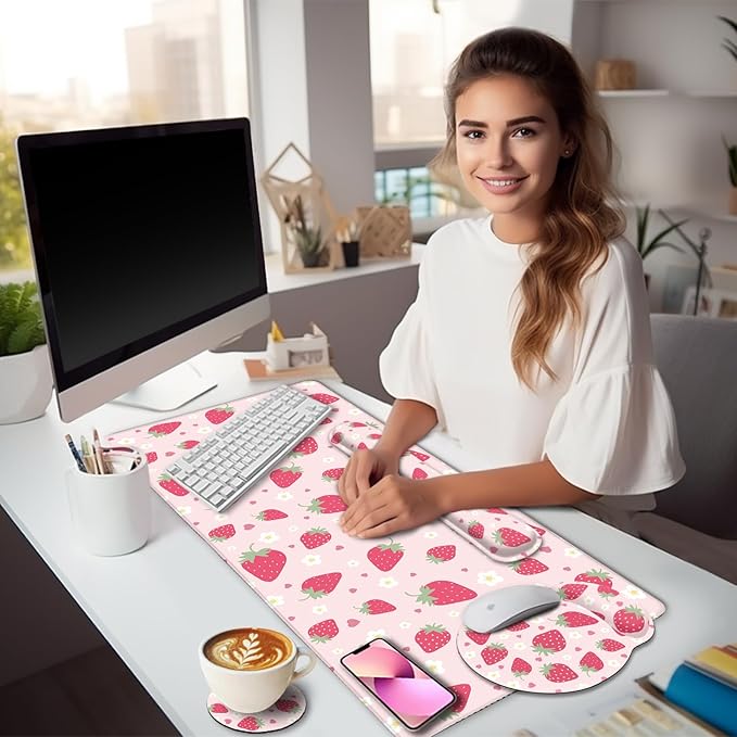 Strawberry Mouse Pad Desk Mat Set Pink Ergonomic Mouse Pad with Wrist Rest Large Gaming Mousepad Wrist Support Keyboard Mat Cup Coaster Set Cute Office Desk Decor Accessories Supplies