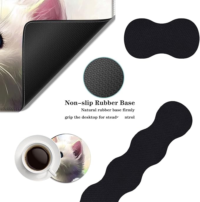 Mouse PadLarge Desk Mat Set 4in1 XL Mousepad + Keyboard Wrist Rest+Mouse Wrist Rest+Coaster with Ergonomic Desk Pad for Home Office Table Computer Cover -Kitten and Colorful Butterfly