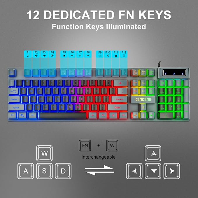 CHONCHOW Gaming Keyboard and Mouse Combo RGB LED Backlit USB Wired Key Board 3200dpi Mice Mechanical Feel Compatible with Xbox one ps5 Windows Laptop Computer(Grey-Black)