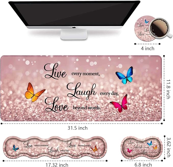 Ergonomic Keyboard Wrist Rest &amp Mouse Pad Wrist Rest Set Large XXL Gaming Desk Mat 31.5x 11.8 Non-Slip Base Memory Foam Easy Typing Pain Relief for Office &amp Home Glitter Quote Live Laug