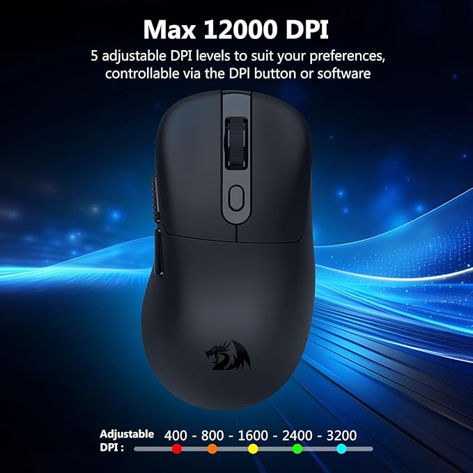 Redragon Wireless Gaming Mouse 58g Lightweight 12000 DPI Tri-Mode 2.4G/Bluetooth/USB-C PAW3311 Sensor 75Hr Battery Mice with 6 Programmable Buttons for PC/Mac (Black)