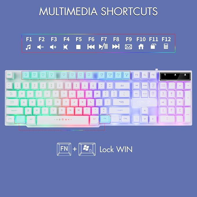 Gaming Keyboard and Mouse Wired CHOCNHOW White Keyboard Rainbow BacklitLight Up Keys Multimedia Keys Waterproof Compatible with PC Laptop Xbox Ps4/Ps5 Work/Gamer