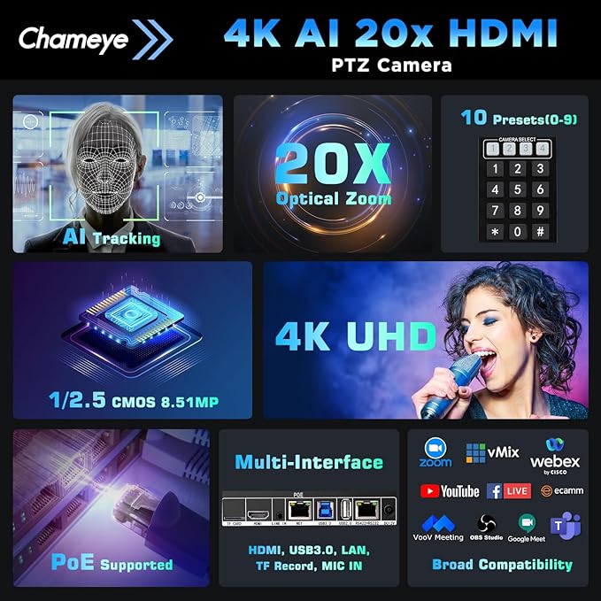 Chameye 4K Conference Room Camera 20x Optical Zoom AI-Auto Tracking 4K PTZ Camera Live Streaming for Church Video Conference Meeting Room CH420+E300