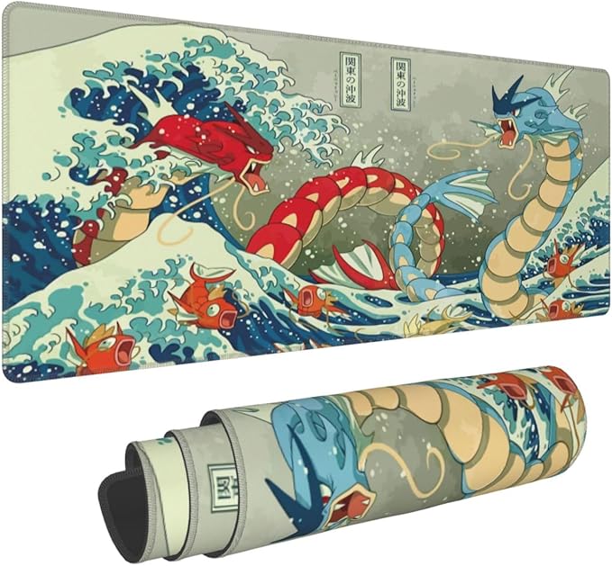 Large Gaming Mouse PadJapanese Ukiyoe Anime Dragon MousepadStitched EdgesNon-Slip Rubber BaseLong Extended Desk Mouse Mat(31.5x12)