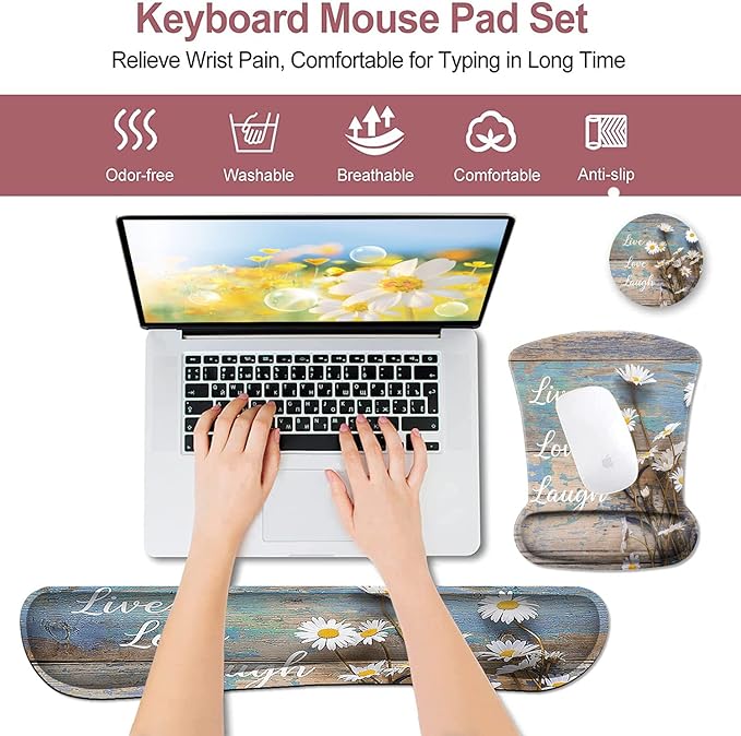 Mouse Pad for Women Keyboard Wrist Rest Relieves FatigueWhite Daisy Flowers on Wooden Ergonomic Gel Mouse Pad Non-Slip and Durable Memory Foam Keyboard Wrist Rest Suitable for Office Typing