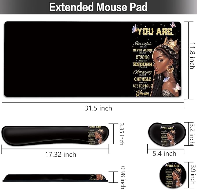 Large Mouse pad and Keyboard Support Set Ergonomic Memory Foam Keyboard Wrist Rest Extended Gaming Mouse Pad African Americans Women Black Queen XXL Desk Mat (31.5 X 11.8 in) for Home Office