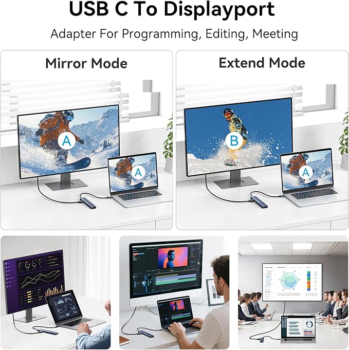 ACASIS USB C Hub with DP Port 10Gbps Multiport Adapter with 4K Display Port3*USB3.2 Gen2+USB2.0 480M/bps Data Port 100W Power Delivery SD/TF3.0 USB C to Displayport for Video Editors and More