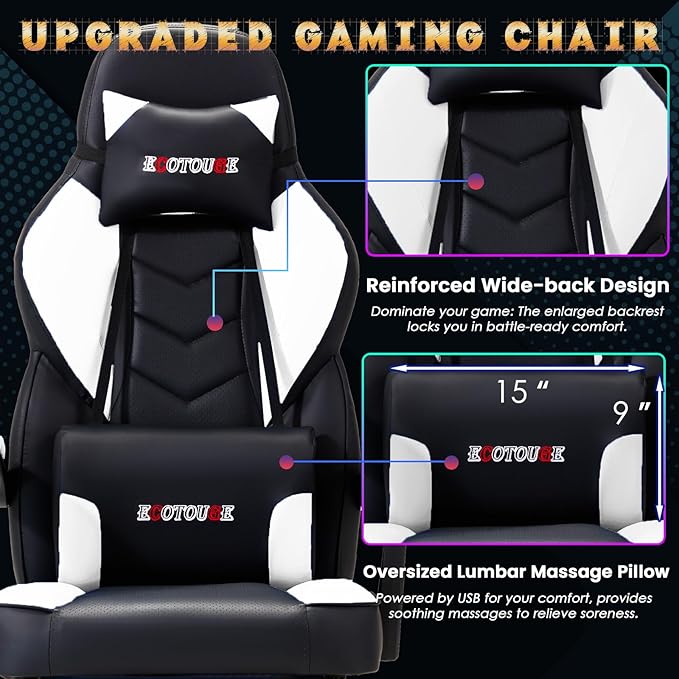 ECOTOUGE Gaming Chair with Footrest Big and Tall Silla Gamer with Massage Lumbar Support Ergonomic Gamer Chair with Reclining High Back 360° Swivel Gaming Computer Chair White