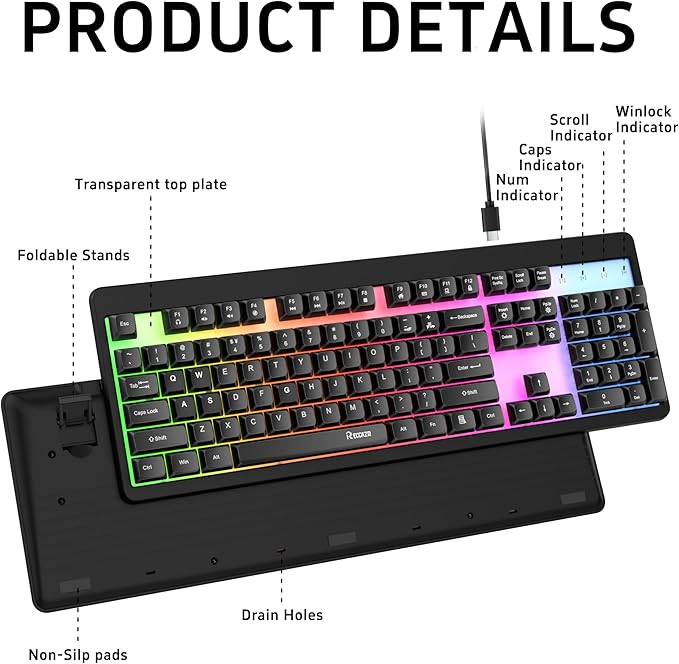 RECCAZR Rainbow LED Backlit Gaming Keyboard104 Full-Size Mechanical Feeling Multimedia PC Gaming Keyboard Anti-GhostingSpill-Resistant for PC and Office Device