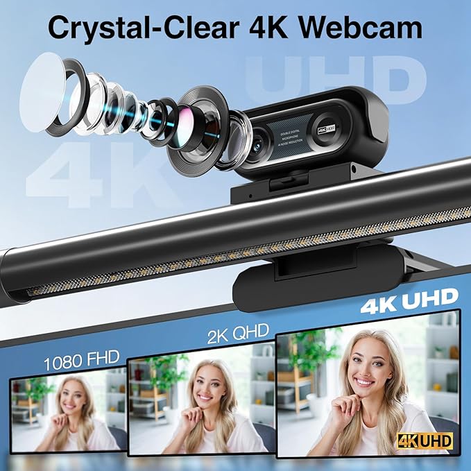 4-in-1 4K Webcam with Microphone and Speaker Noise Cancellation Privacy Cover Auto Light Correction 90° FOV  Plug &amp Play USB Camera with Monitor Light Bar Webcam for PC/Meeting/Online Video