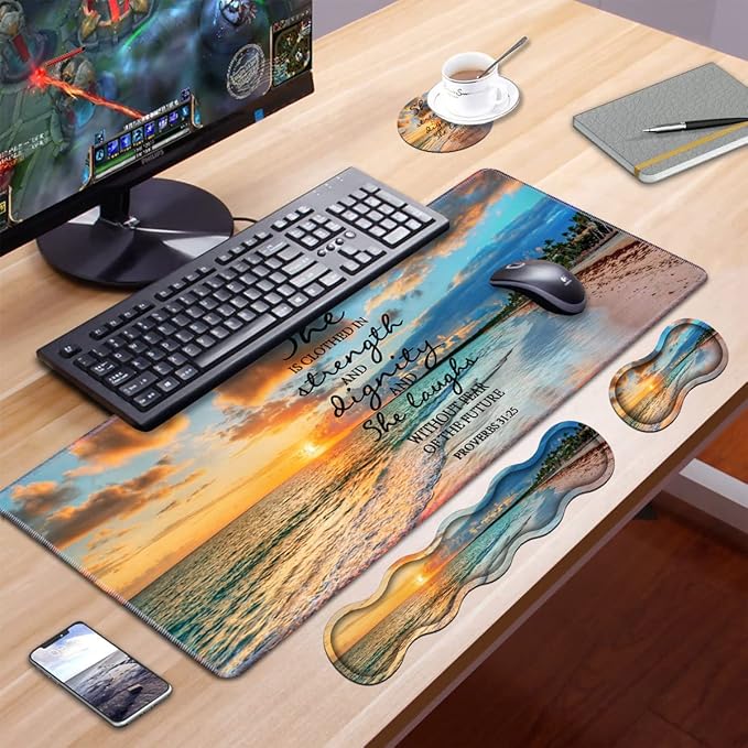 Ergonomic Keyboard Wrist Rest &amp Mouse Pad Wrist Rest Set Large XXL Gaming Desk Mat 31.5x 11.8 Non-Slip Base Memory Foam Easy Typing Pain Relief for Office &amp Home Bible Verses Proverbs 3