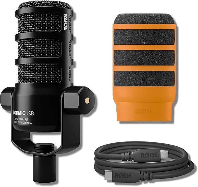 Rode PodMic USB Dynamic Broadcast Microphone (Black) with Orange WS14 Pop Filter