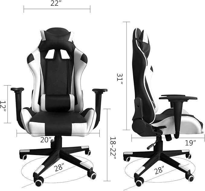 Modern-Depo Gaming Chair with Headrest and Lumbar Support Height Adjustable Swivel Office Chair High-Back Recliner White